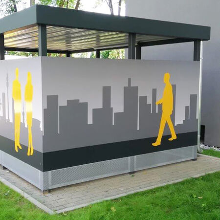 Außenwerbung: Fassadengestaltung einer Unterstandes. Produziert von der Firma Visscher Lichtwerbung aus Dortmund